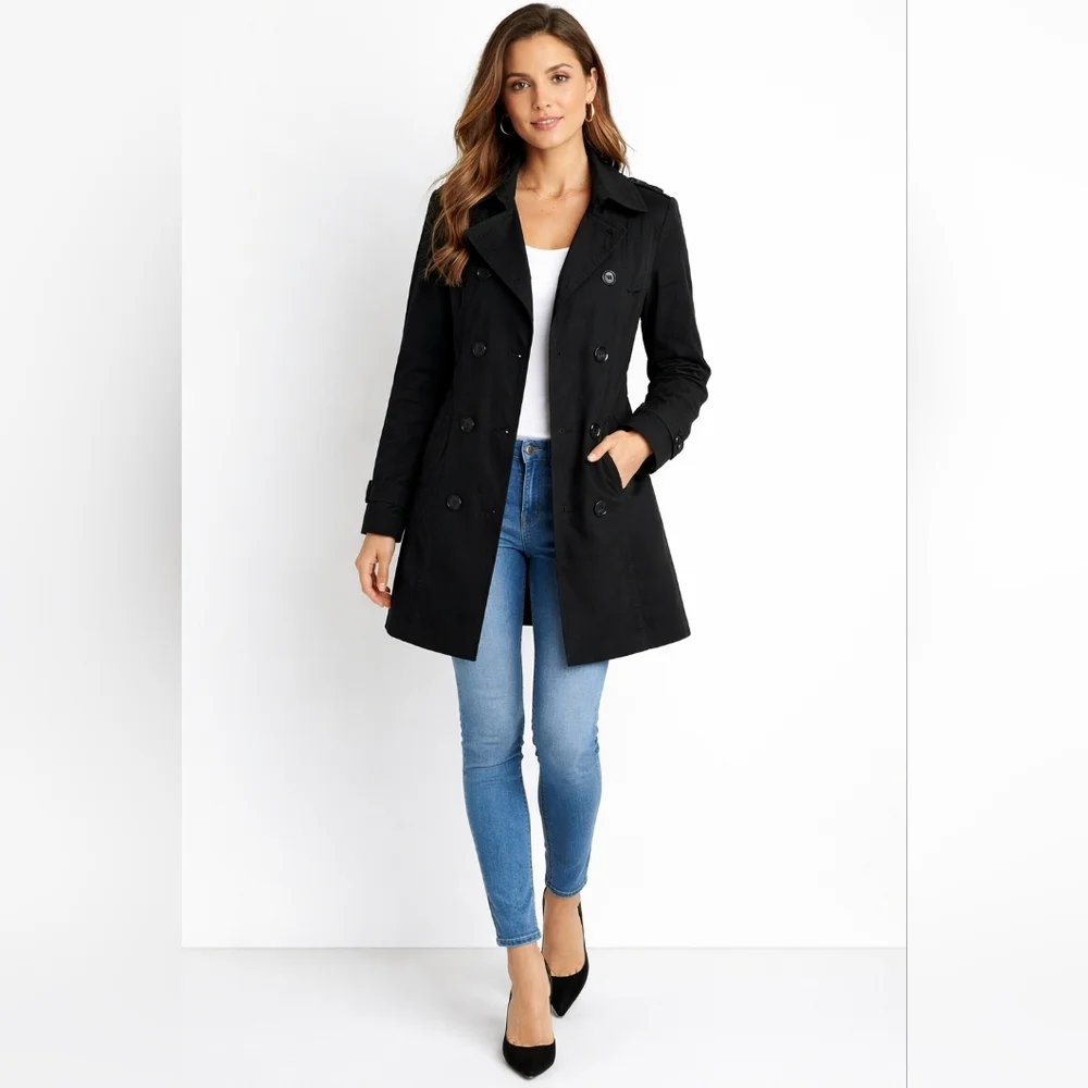 Gap Black Double Breasted Trench Coat Mid Length Lightweight Classic Chic Small